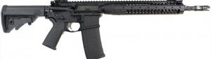 Black AR-15 rifle with Geissele Automatics Super Tricon 2-stage trigger and the 14.5-inch spiral fluted barrel