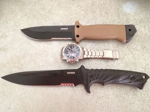These are two of the most popular Gerber knives. The smaller is the Gerber LMF II and the larger is the Gerber LHR Sheath knife