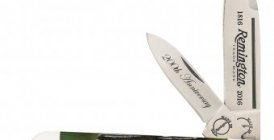 Green bone is a traditional favorite and the Remington Bullet 200th anniversary R11035 jackknife employs it along with blades of 440A stainless. Weight: 3.2 ounces. Closed length: 3.5 inches. Made in a limited edition of 5,000, it has an MSRP of $115.99. (Bear & Son image)